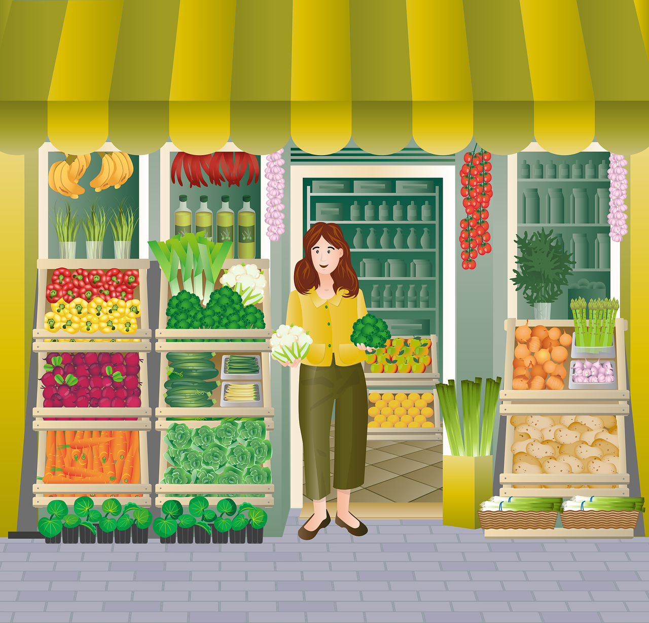 young woman as a cashier on a mini market on an island